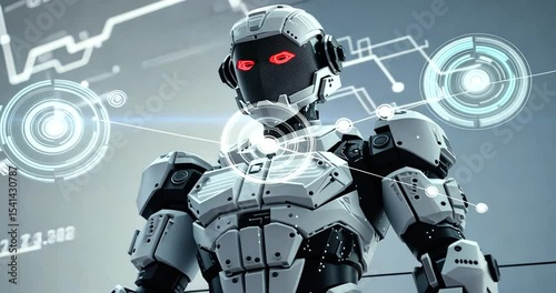 Futuristic robot with glowing eyes in a tech environment