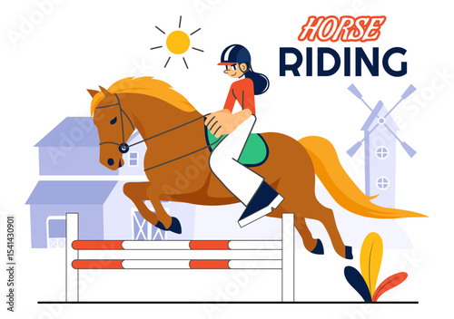 Horse Riding Vector Illustration Featuring Practicing Horseback Riding or Equestrian Sports in a Green Field with Flat Style Cartoon Background