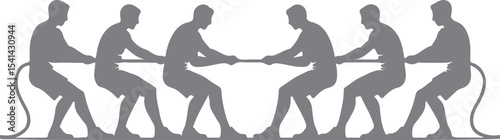 Six Gray Silhouettes of People Pulling a Rope in a Tug of War Competition a Simple Minimalist Vector Illustration