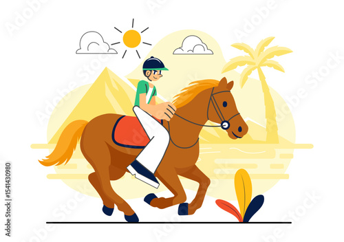 Horse Riding Vector Illustration Featuring Practicing Horseback Riding or Equestrian Sports in a Green Field with Flat Style Cartoon Background