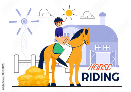 Horse Riding Vector Illustration Featuring Practicing Horseback Riding or Equestrian Sports in a Green Field with Flat Style Cartoon Background