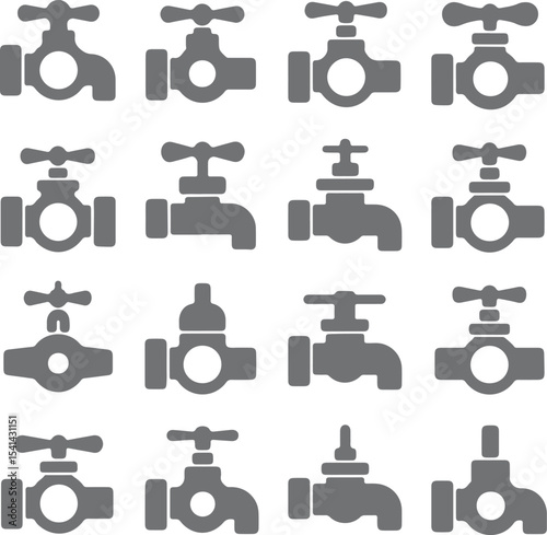 Sixteen Gray Silhouette Valves and Faucets Water Supply System Icons Set Plumbing Engineering Design Elements