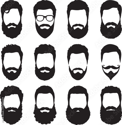 Twelve Black Silhouette Icons of Men with Various Hairstyles and Beard Styles Including Full Beards Goatees and Mustaches