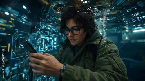 Young person submerged in water, using a smartphone, surrounded by futuristic technology interface