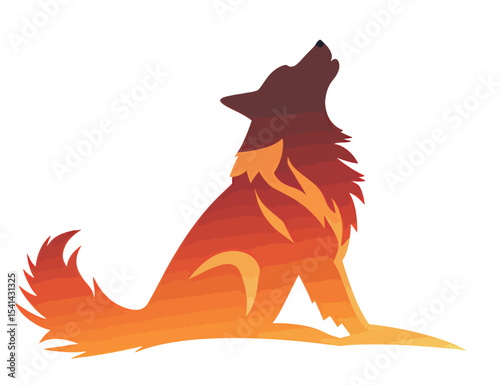 Stylized silhouette of a howling dog in warm sunset colors.