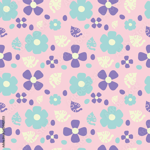 Hand-drawn pastel flowers on a pink background. Seamless pattern is floral for clothing, fabric, wallpaper, backdrop, home decoration, cover book, and wall art. Vintage style.