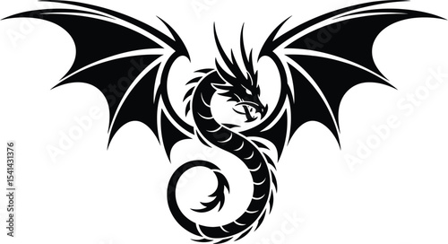 A black dragon with wings spread out on a white background illustration