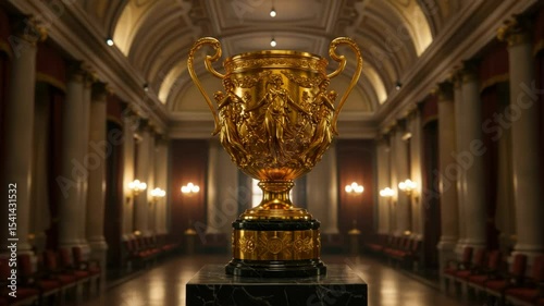 Elegant Gold Trophy Displayed in a Majestic Hall with Columns and Soft Lighting