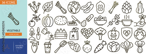 Line Art Vegetables Icons Carrots, Pumpkin, Salad, Corn, and More Editable Stroke Set