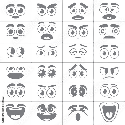 Twenty Four Gray Scale Cartoon Face Expressions Eyes Brows Mouths Silhouettes Set Vector Illustration