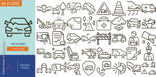Line Icons Depicting Various Aspects of Car Accidents, Including Damage, Emergency Services, and Legal Matters