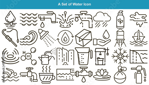 Line Art Icons Depicting Various Aspects of Water, Showers, Water Droplets, Waves, and Purification Systems