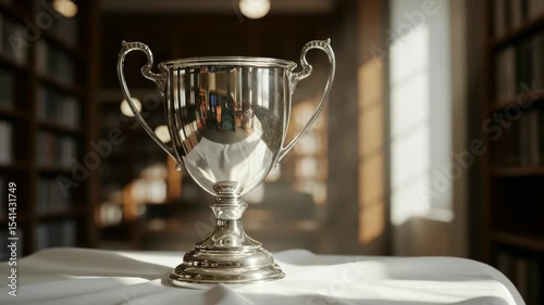 Elegant Silver Trophy in a Classic Library Setting, Symbolizing Victory and Achievement