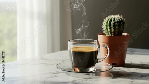Elegant Still Life: Steaming Coffee Cup and Cactus Plant on Marble Tabletop in Soft Light