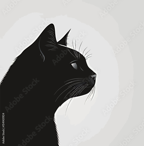Stylized profile of a sleek black cat against a soft gray background.