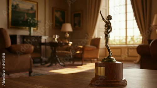 Elegant trophy statue in a luxurious room bathed in sunlight symbolizes success