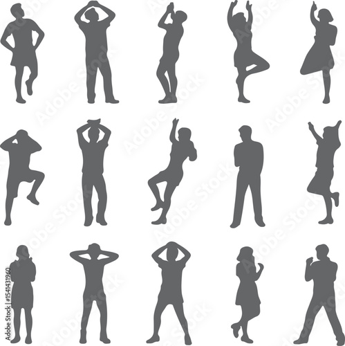 Fifteen Gray Human Silhouettes Diverse Poses Various Actions People Figures Isolated White Background