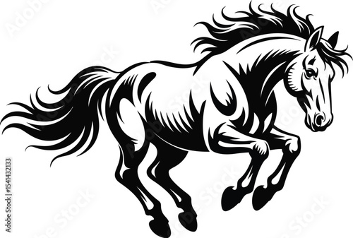 A black and white drawing of a horse galloping on a white background