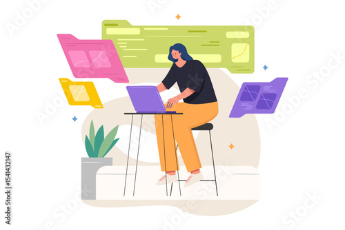 Woman Working Online with Floating Digital Folders