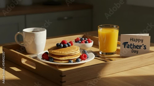 Father's Day Breakfast Still Life: Pancakes, Orange Juice, and a Heartfelt Card