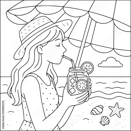 Girl Drinking Juice on the Beach – Summer Vacation Coloring Page for Teens