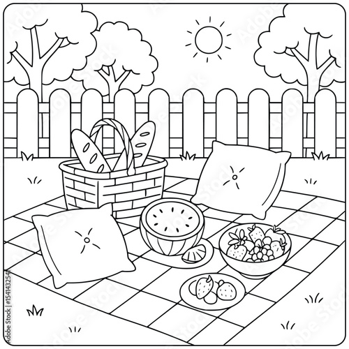 Cozy Backyard Picnic with Fruits and Bread – Summer Coloring Page for Kids
