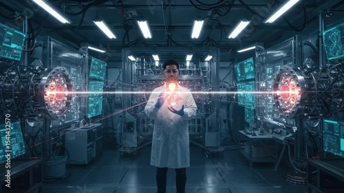 Futuristic laboratory with scientist and complex machinery for advanced research