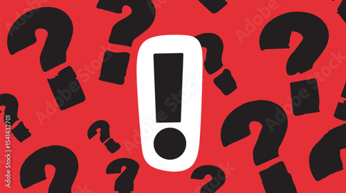 Emphasized exclamation resolves problems amidst questions red backdrop scattered symbols