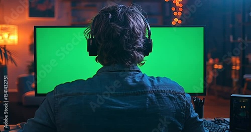 Gamer immersed in gameplay with green screen backdrop