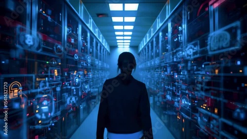 Woman in a suit observing high-tech data center with glowing servers and digital graphics in background