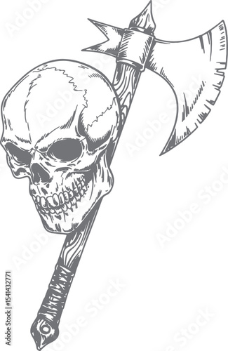 Grey Scale Hand Drawn Illustration of a Human Skull and a Battle Axe with a Wooden Handle Wrapped in Cordage the Skull is Positioned Behind the
