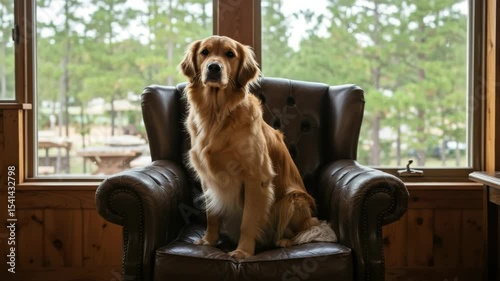 Golden Retriever Posing Gracefully on a Luxurious Leather Armchair with Natural Light