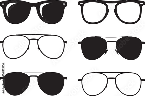 Six Black Silhouette Sunglasses Illustrations Aviator Style Wayfarer Style Different Lens Options Graphic Design Elements