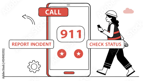 Illustration of a woman using a mobile app to report an incident and check the status of a call to