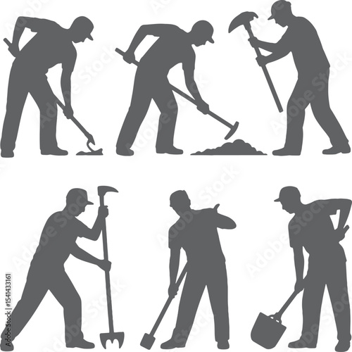 Six Gray Silhouettes of Construction Workers Using Various Tools Including Shovels Pickaxes and a Crowbar on a White Background