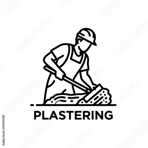 Plastering Logo, Outlined Illustration of Plasterer Applying Cement