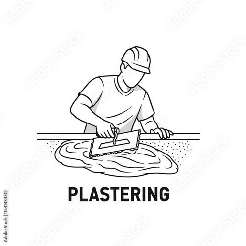 Plastering Logo Design, Outlined Illustration of Plasterer Applying Cement