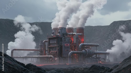 Industrial Complex Emitting Smoke on a Barren Landscape with Mountain Backdrop