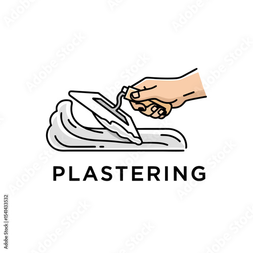 Plastering Logo, Flat Design, Showing a Hand With Trowel Applying Plaster