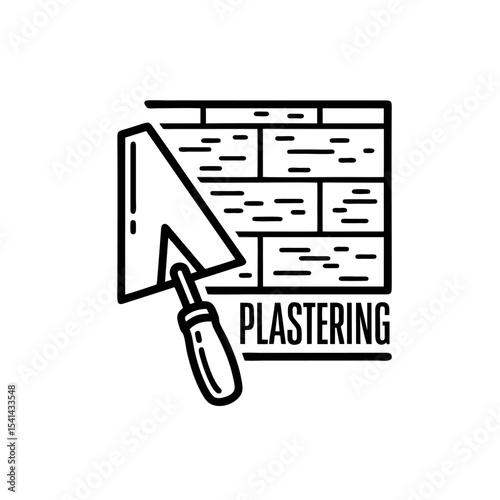 Modern Plastering Service Logo, Trowel and Wall Pattern, Outlined Vector Style