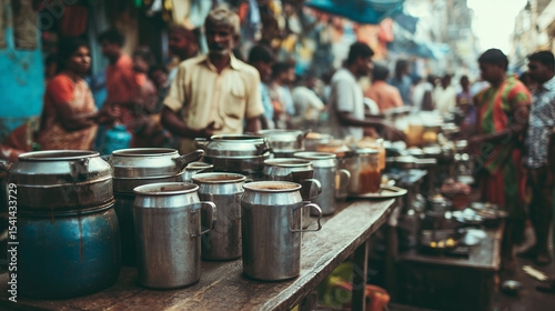 A bustling Indian street cafÃ© serving strong filter coffee in metal tumblers, busy crowd Keywords: India, filter coffee, street, tumblers, spicy, crowd, colorful, cafÃ©, tradition,
