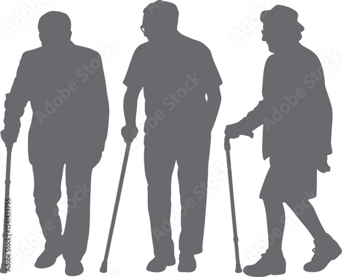 Three Gray Silhouettes of Elderly People Walking with Canes Against a White Background Senior Citizens Walking Aid Support Elderly Care