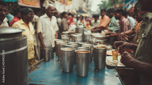 A bustling Indian street cafÃ© serving strong filter coffee in metal tumblers, busy crowd Keywords: India, filter coffee, street, tumblers, spicy, crowd, colorful, cafÃ©, tradition,