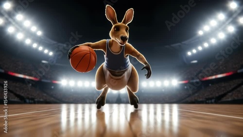 Kangaroo Mascot Dribbling a Basketball on Court Under Arena Lights in Sports Venue