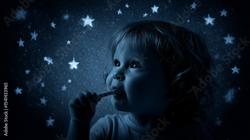Same child later brushing teeth at night with glowing stars in the background night, stars, bedtime, brushing, child, glowing, dream, cozy, foam, moonlight .