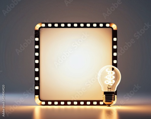 Glowing light bulb and retro frame with bulbs, template for your bright idea