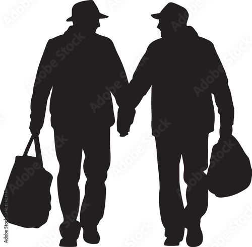 Two Men Walking Holding Hands Silhouette Black and White Graphic Image vector