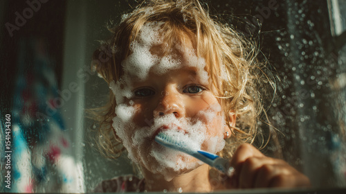Girl brushing teeth with foam all over her face, playful moment. girl, foam, toothbrush, fun, playful, messy, bathroom, mirror, morning, light.