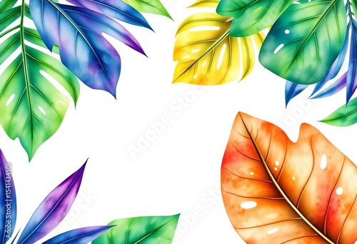Watercolor tropical leaves frame, isolated on white Vintage Hawaii style, vivid, illustration