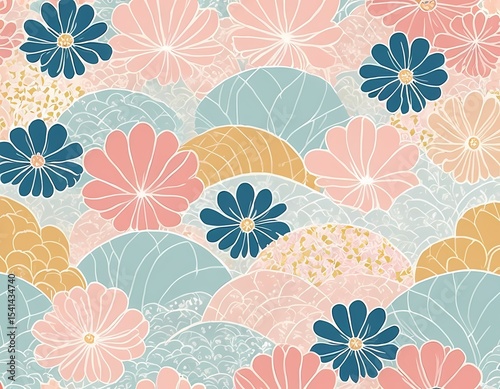 Korean Hanbok-Inspired Seamless Pattern with Floral and Geometric Motifs